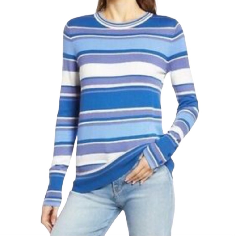 Halogen Blue Tri-Tone Color Blocked Long Sleeved Striped Sweater Size XS NEW